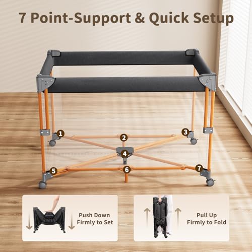 GAIVE 4 in 1 Baby Bassinet, One-Push Setup Pack and Play, Bedside Crib Sleeper with 3 Height Adjustable，Diaper Changer, Come with Comfy Mattress, Rotating Toy Bar, from Infants to Toddlers (Black)