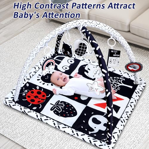 Poycuna Black and White Baby Gym Play Mat with 6 Toys Tummy Time Activity Mat for Babies 0-6 6-12 Months High Contrast Baby Gyms & Playmats Sensory Toys Newborn Brain Development Infant Play Mat