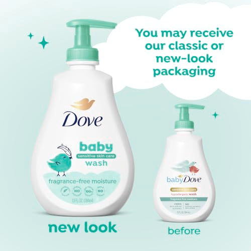 Baby Dove Sensitive Skin Care Baby Wash Fragrance Free Moisture For Baby Bath Time Fragrance Free and Hypoallergenic, Washes Away Bacteria 13 fl oz