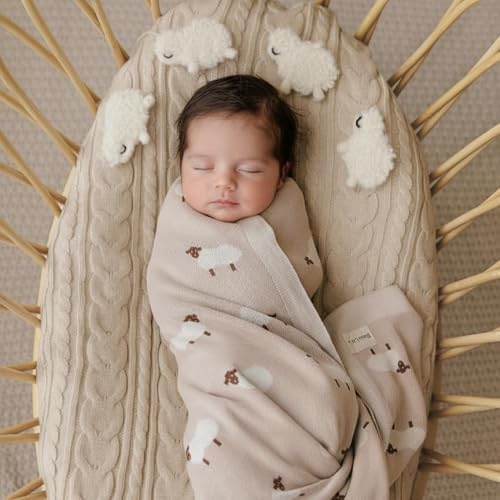 Bleu La La Baby Swaddle Blanket - 100% Luxury Cotton Knit Soft Cozy Lightweight Unisex Receiving Stroller Quilt Blanket for Shower Gift Registry for Newborns Infants Toddlers (Sheep - Khaki)