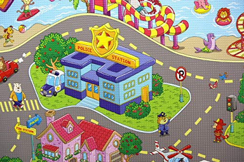Baby Care Play Mat (Large, Playful - Zoo Town) 82'' x 55'' Original One-Piece Reversible Rollable Waterproof Play Mat for Infants, Babies, Toddler, and Kids