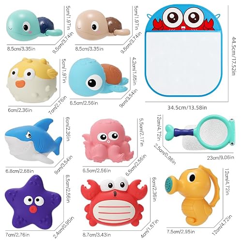 XAWACAH Bath Toy for Toddlers 6-12-18 Months, No-Hole Bathtub Toys with Baby Bath Animals, Wind-Up Turtles, Fishing Net & Storage Bag, Floating Toys for Toddlers 1-3 Year Old Boys Girls (11 Pack)