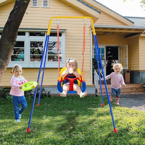 2 in 1 Toddler Swing ＆ Jumper with Frame, Outdoor, Indoor, Baby Swing with Safety Belt for Indoor and Outdoor Use, Foldable Metal Stand & Clear Instructions, Easy to Assemble
