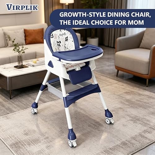 Foldable 4-in-1 Baby High Chair for Babies & Toddlers, High Chair with Detachable PU Cushion, Removable Tray, Adjustable Height, Locking Wheels,Blue