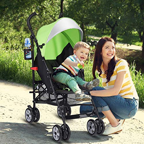 BABY JOY Lightweight & Compact Travel Stroller, Infant to Toddler, Adjustable Backrest & Canopy, Cup Holder, Storage Basket, 5-Point Harness, Easy Fold, Green