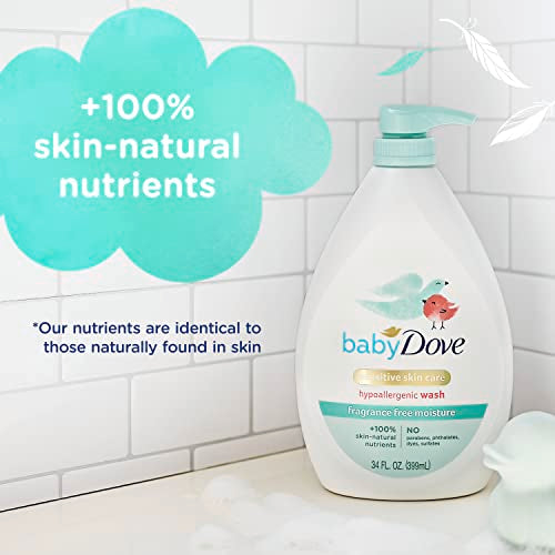 Baby Dove Sensitive Skin Care Baby Wash Fragrance Free Moisture For Baby Bath Time Fragrance Free and Hypoallergenic, Washes Away Bacteria 34 oz (Pack of 1)