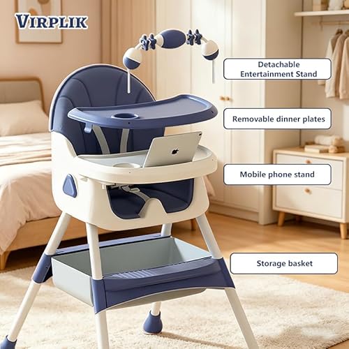 Foldable 4-in-1 Baby High Chair for Babies & Toddlers, High Chair with Detachable PU Cushion, Removable Tray, Adjustable Height, Locking Wheels,Blue