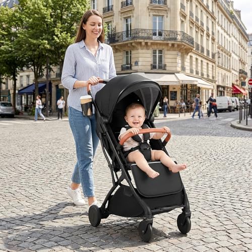BABY JOY Lightweight Stroller, Compact Travel Stroller with One-Hand Fold, Adjustable Backrest, Canopy, Cup Holder, Footmuff & Storage Basket for Toddlers (Black)
