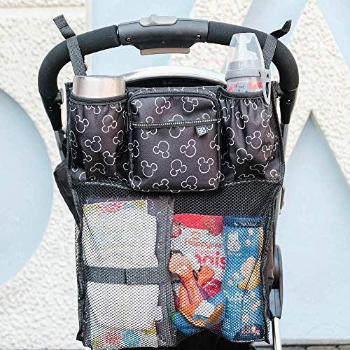 J.L. Childress Disney Baby Cups 'N Cargo Stroller Caddy Organizer with Cup Holder - Stroller Accessories Bag, Travel Essential, Mesh Storage Attachment, Universal Fit - Mickey Mouse, Black