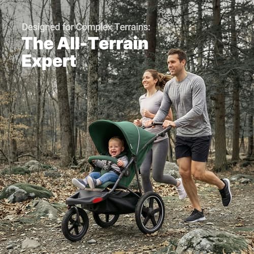 BabyVista Jogging Stroller, All-Terrain Frame, 12"/16" Inflatable Tires with Angled Valve, Disc Hand Brake & Foot Brake, Adjustable Handlebar, Foldable Jogger Stroller for Babies & Toddlers, Green