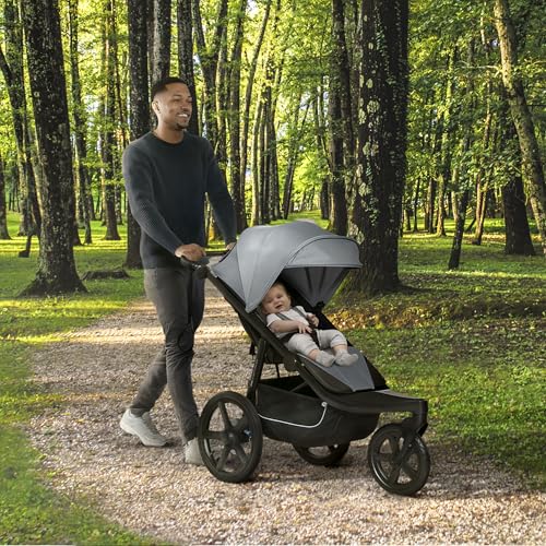 Delta Children - Jeep PowerGlyde Pro Jogging Stroller - 1-Step Back Brake & Hand Deceleration Disc Brakes for Speed Control - 1 Hand Fold, Soft Gray
