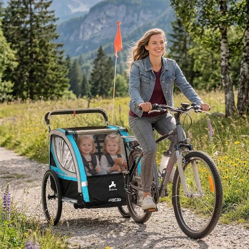 Aosom 3-in-1 Walk/Jog/Ride Child Baby Bike Trailer for Kids 2 Seater, High-Visibility Bike Stroller for Toddler Wagon, Weather-Strong Double Bicycle Trailer Accessory, Blue