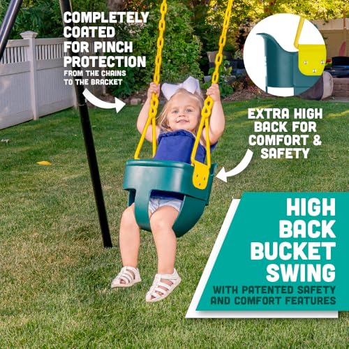 Premium High Back Full Bucket Toddler Swing Seat with Finger Grip, Plastic Coated Chains and Carabiners for Easy Install - Green - Squirrel Products