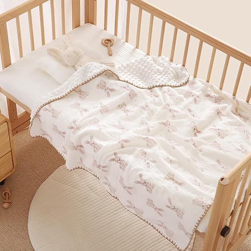 Gunnaicat Baby Soft Muslin Thick Blanket Cotton and Dotted Backing Double Layer Receiving Blanket 40"x40" Bunny
