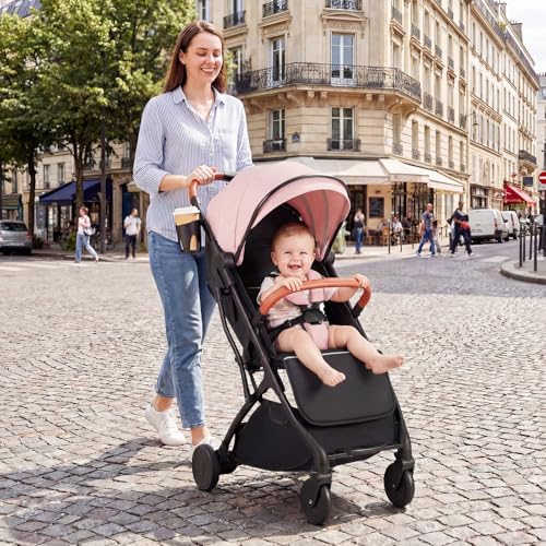 BABY JOY Lightweight Stroller, Compact Travel Stroller with One-Hand Fold, Adjustable Backrest, Canopy, Cup Holder, Footmuff & Storage Basket for Toddlers (Pink)