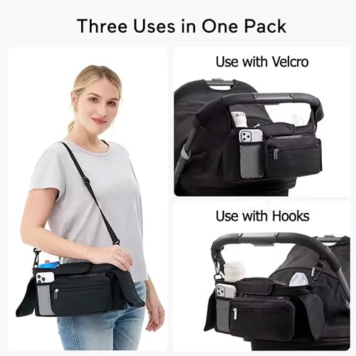 PandaEar Universal Stroller Organizer with Insulated Cup Holders, Parent Console Caddy with Detachable Shoulder Strap & Phone Pouch, Large Capacity Stroller Accessories Bag