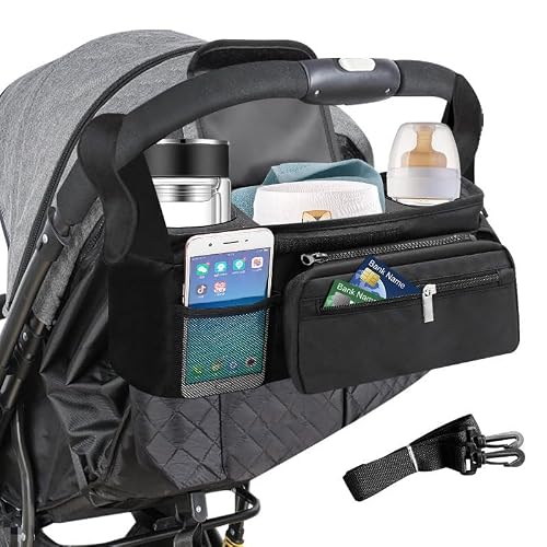 PandaEar Universal Stroller Organizer with Insulated Cup Holders, Parent Console Caddy with Detachable Shoulder Strap & Phone Pouch, Large Capacity Stroller Accessories Bag