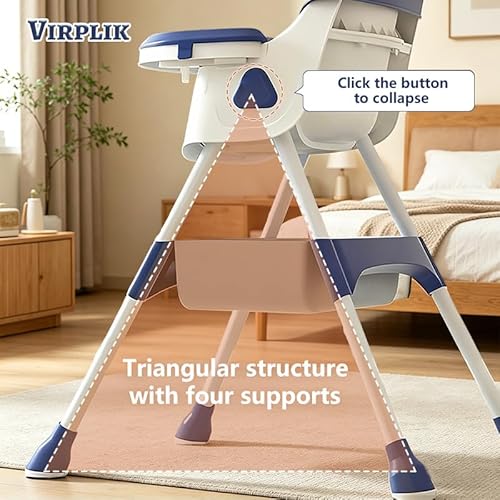 Foldable 4-in-1 Baby High Chair for Babies & Toddlers, High Chair with Detachable PU Cushion, Removable Tray, Adjustable Height, Locking Wheels,Blue