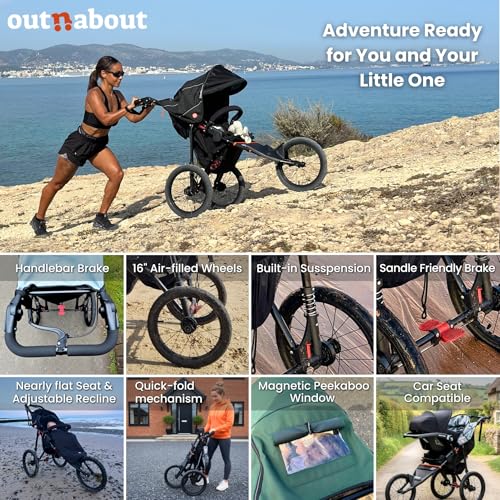Out’n’About Nipper Sport Jogging Stroller | Lightweight All-Terrain 3-Wheel Stroller | Rain Cover Included | 16” Air-Filled Tires, Suspension, Handlebar Brake | Newborn to 4 Years | Summit Black