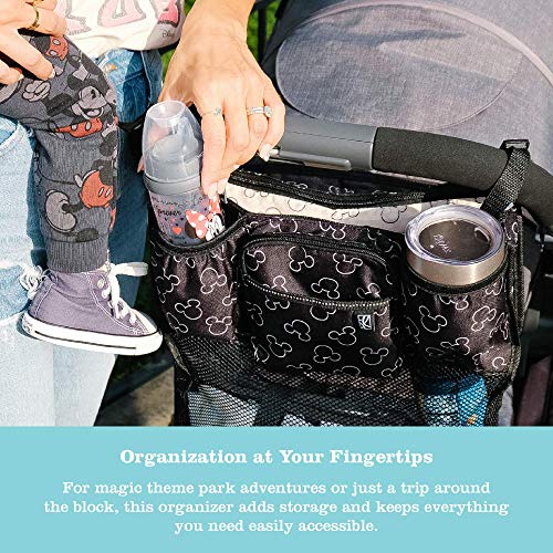 J.L. Childress Disney Baby Cups 'N Cargo Stroller Caddy Organizer with Cup Holder - Stroller Accessories Bag, Travel Essential, Mesh Storage Attachment, Universal Fit - Mickey Mouse, Black